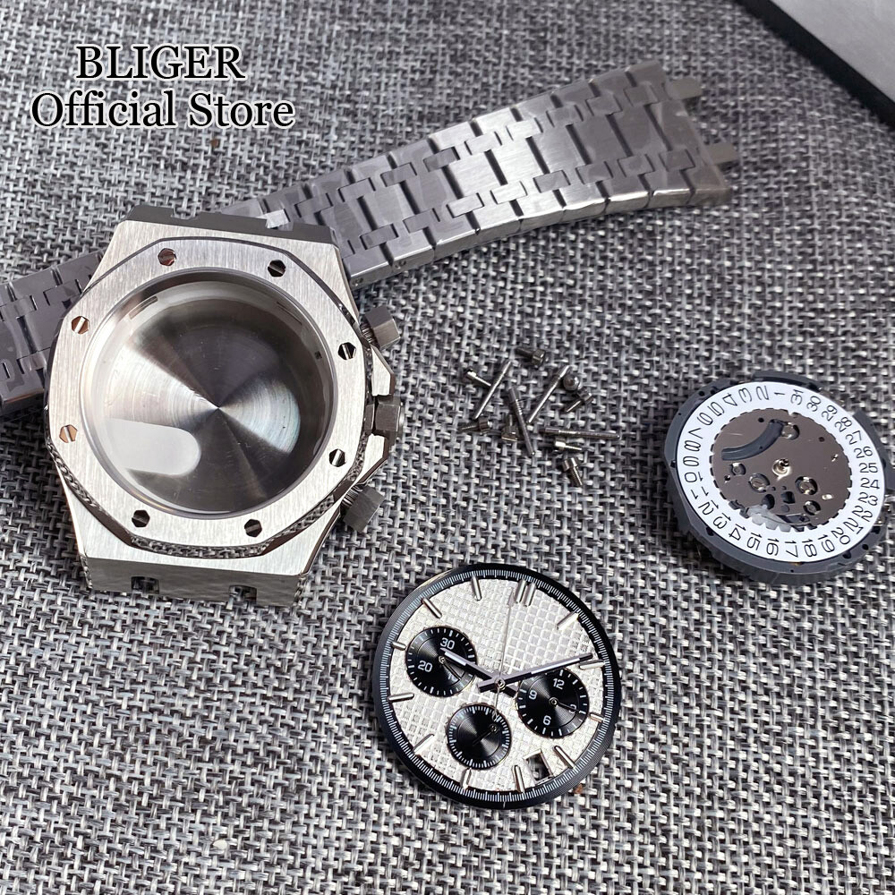 42mm Brushed Watch Case Bracelet 32.1mm Black Blue Dial Fit VK63 Quartz Sapphire
