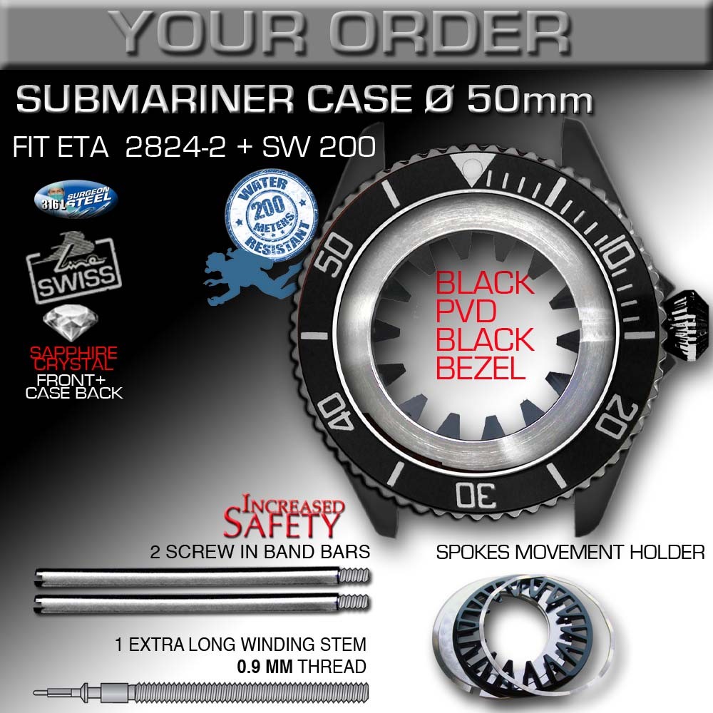 SUBMARINE CASE Ø 50 MM, 200M ATM, ETA 2824-2 OR SW 200, ST-STEEL, BLACK PVD