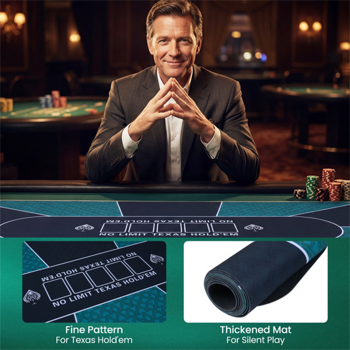 70″×35″ 10 Player Poker Table Mat Non-Slip Rubber Base w/ Carry Bag