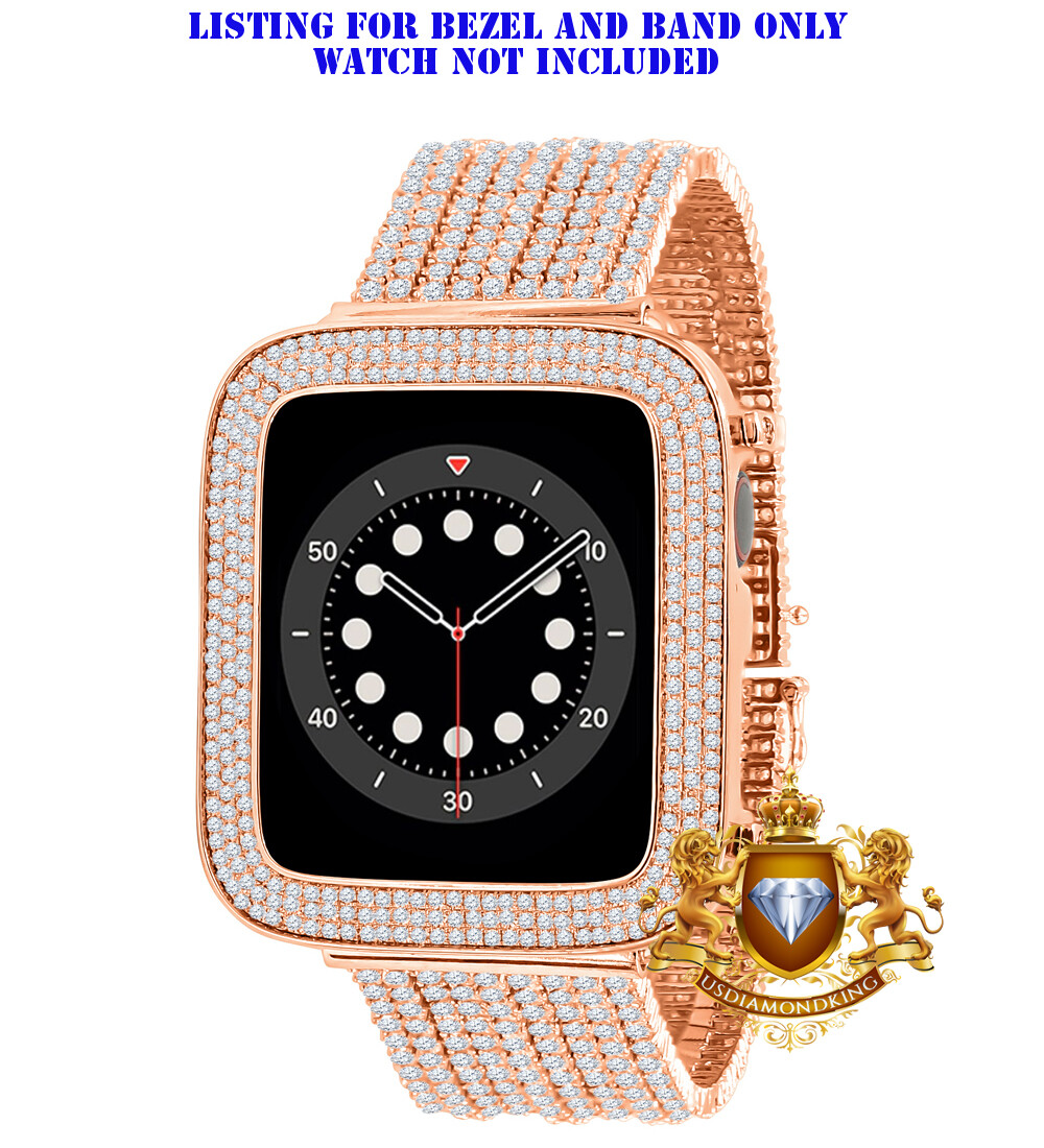 Rose Gold Finish Apple Watch Custom Pave Bezel & Band Combo Set 44mm Fit # 4,5,6