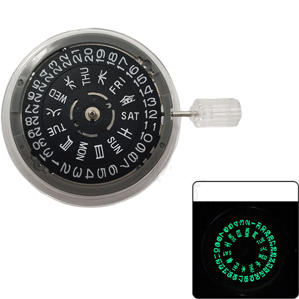 Seiko NH36A Black Automatic Mechanical Movement Green Lume 3.8 Crown Position