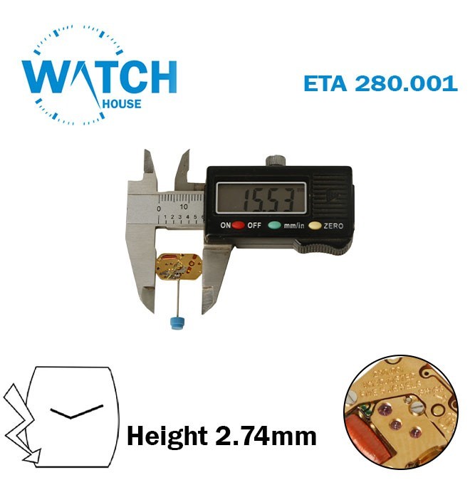 ETA 280.001 Swiss Made Watch Movement, 2 Hands, H:2.74mm.