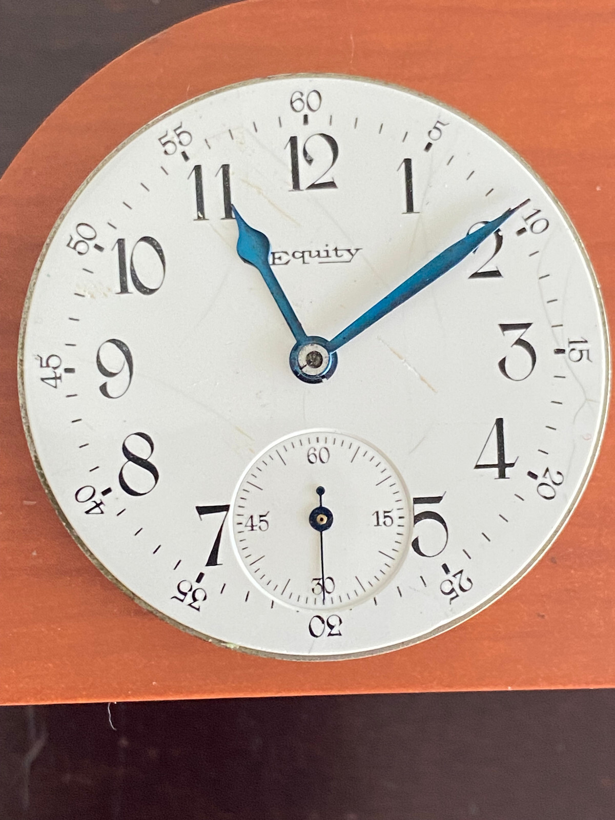 VINTAGE 43.35MM EQUITY POCKET WATCH MOVEMENT, GOOD STAFF AND MAIN, OVERBANKED