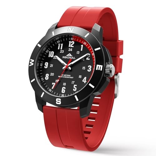 Sport Field Watch for Men Black Tactical Watch 30-50M 44.0mm Red band