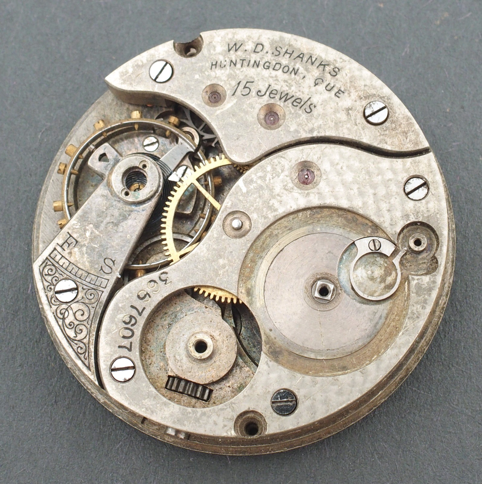 PARTIAL Swiss WD Shanks Quebec 42.8mm Pocket Watch Movement Parts Repair #F374