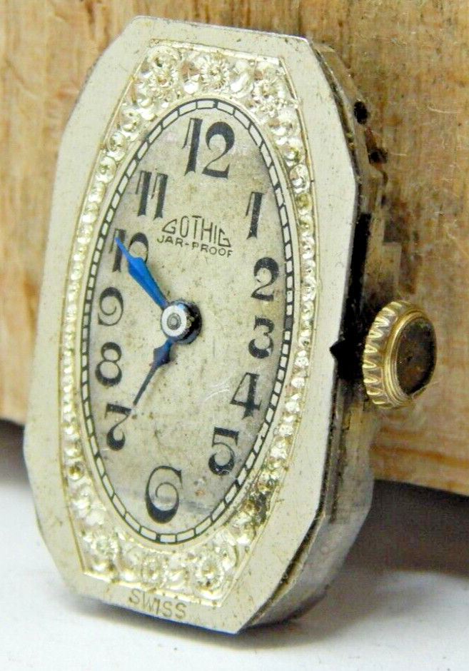 Vintage Gothic 17 jewel art deco Jar-Proof wrist watch movement w/ dial & Hands