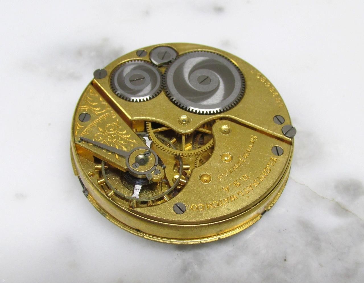 Antique 1915 Elgin Pocket Watch Movement & Dial; 7J ~ 43mm ~ 4-E364