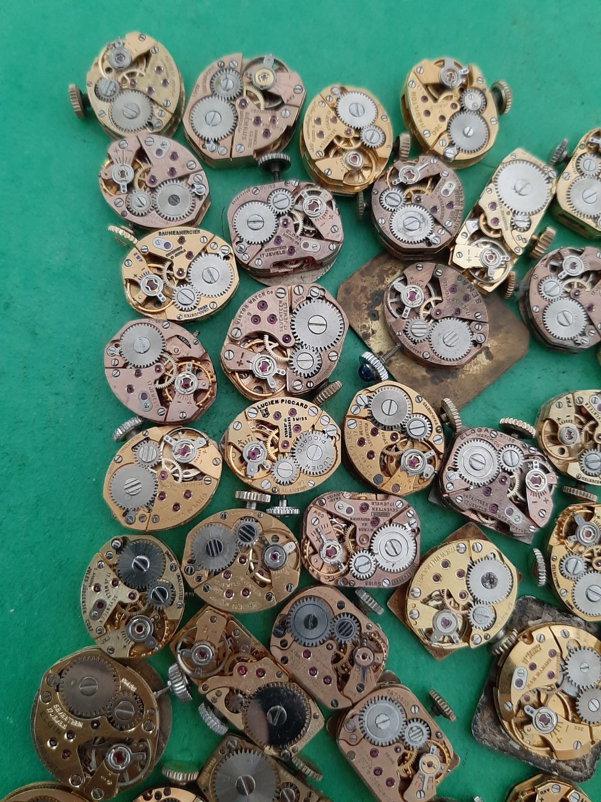 Lot of 60 Mechanical Wrist Watch Movements Parts Repair Manual Gold Cooper Tone