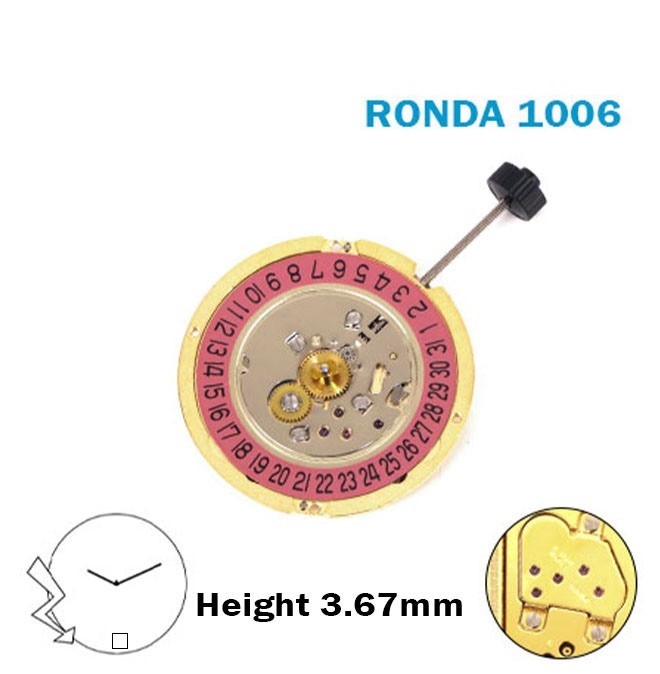 RONDA 1006 Swiss Watch Movement–2Hands-Pink Disk At 6-0 Jewels-H:3.67mm.