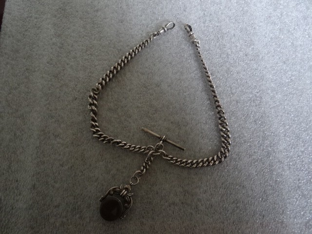Rare Antique English Sterling Silver Pocket Watch Chain With Swivel Agate Fob