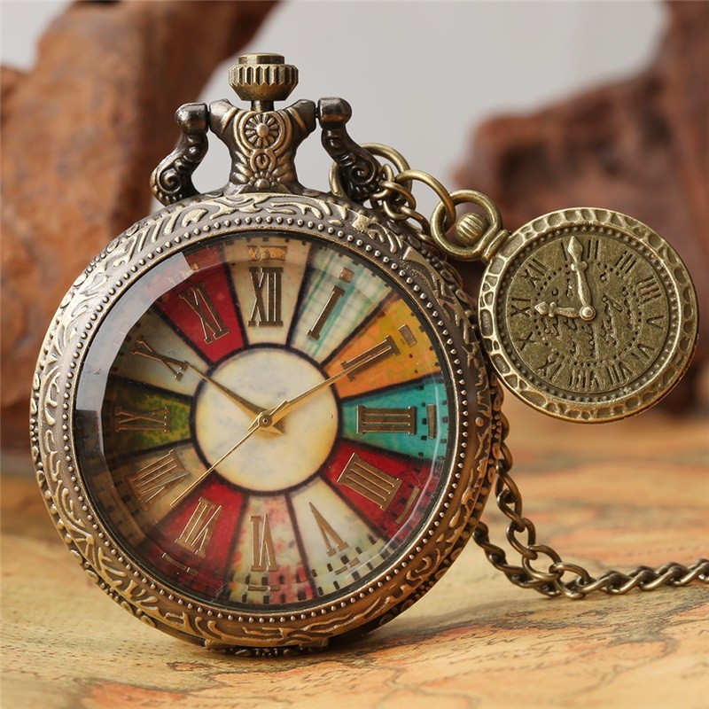 Colorful Quartz Pocket Watch Roman Numeral Pendant Necklace For Women