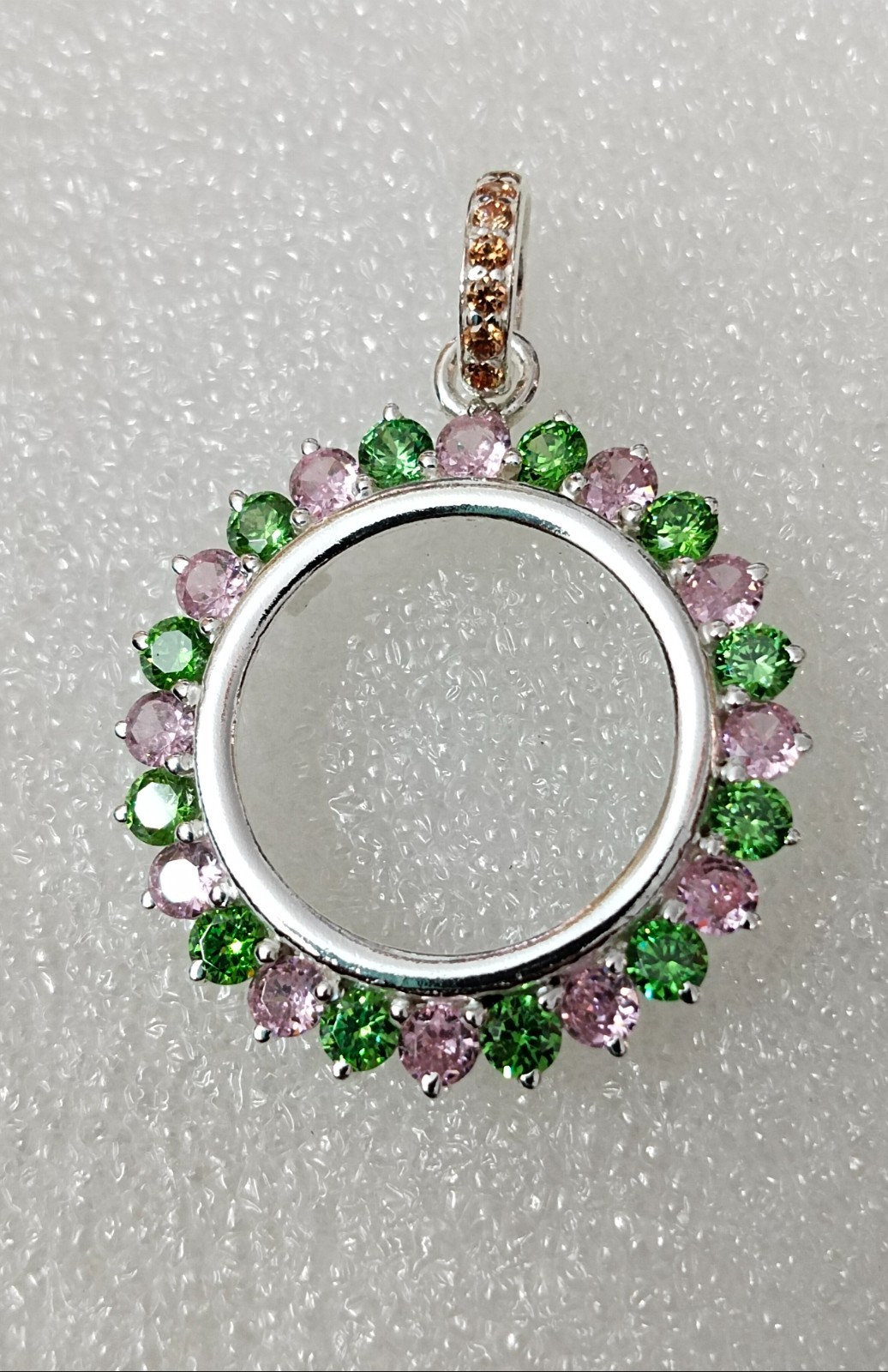 925 Sterling Silver Round Bezel Pendant Blank Green & Pink CZ Handmade Coin