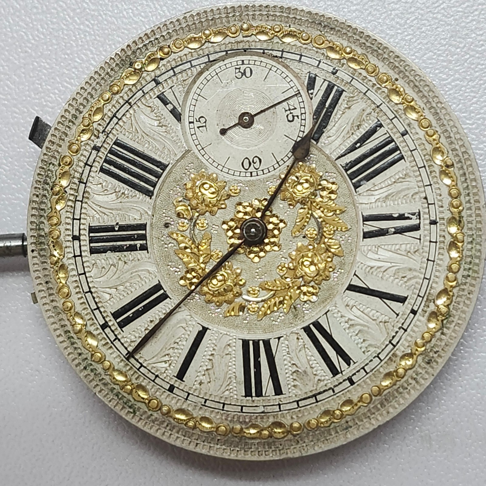Antique Ch. Ed. Lardet Fleurier Swiss Pocket Watch Movement & Silver Floral Dial