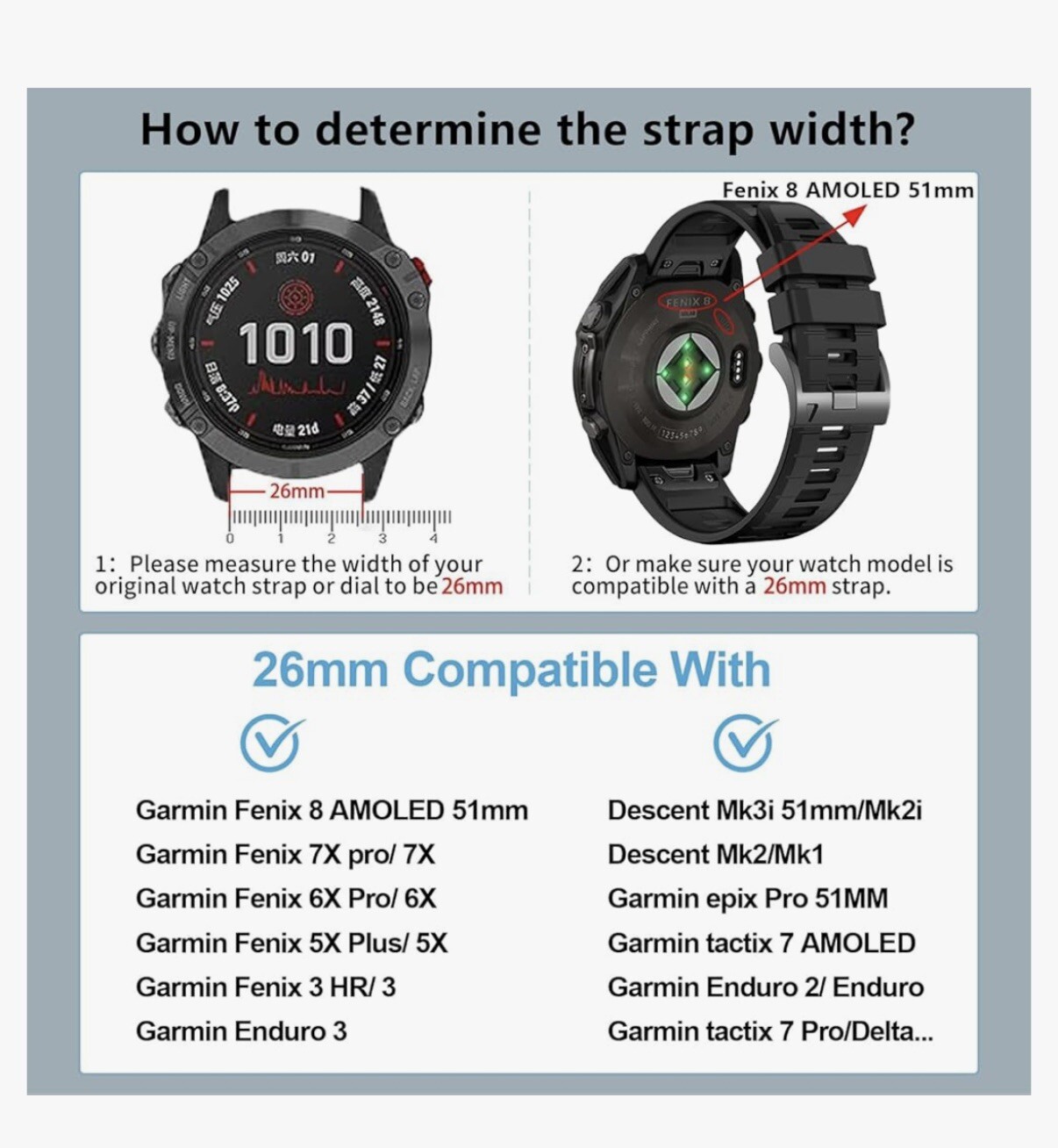 26 Mm Quick Fit Fenix 5x-8, Amoled Pack Of 6 Watch Bands