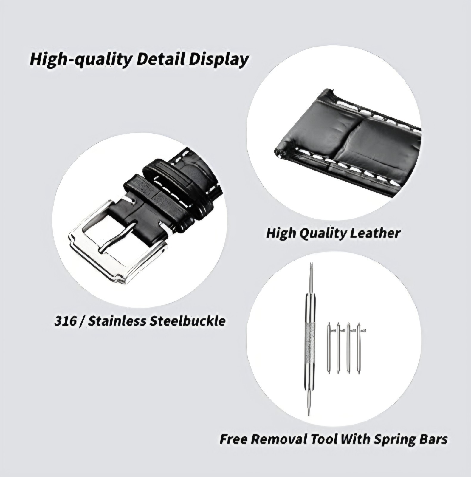 Leather Watch Strap Genuine 16mm Replacement Band, Black Watchstrap Silver Clasp