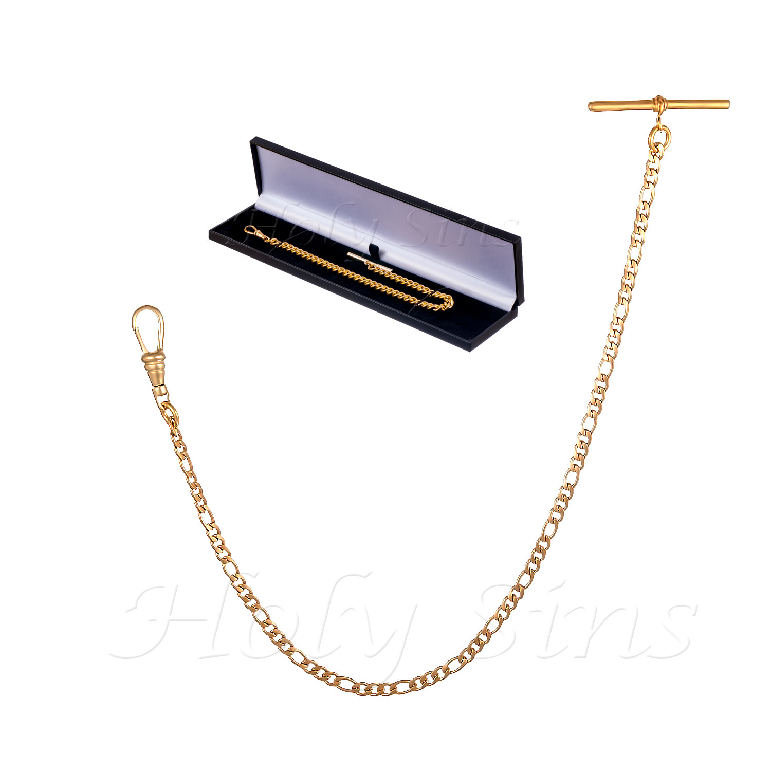 Brand New Gold Colour Single Albert Pocket Watch Figaro Chain