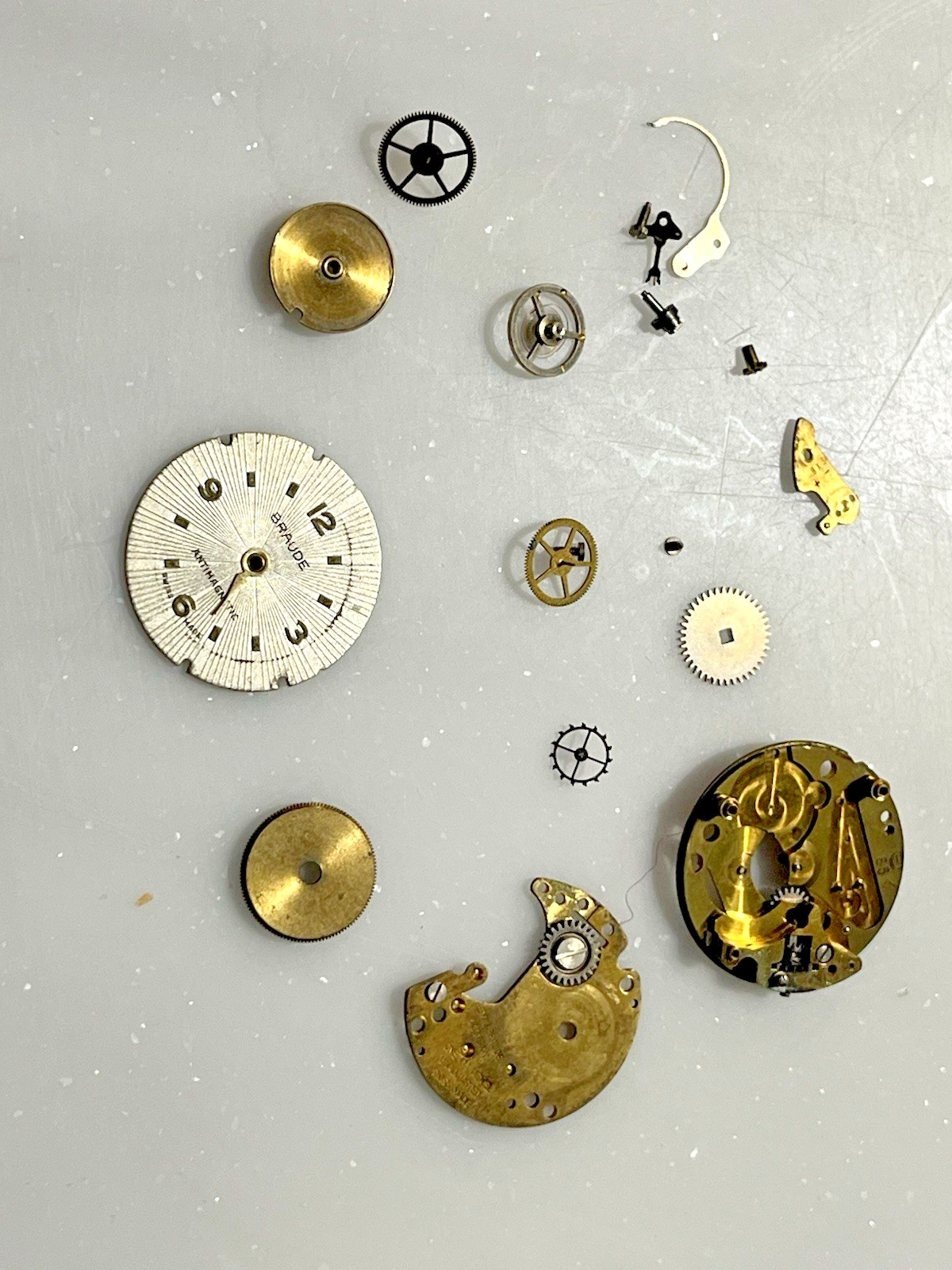 Vintage S. LaRose Watchmaker Tin w/ Disassembled Mechanical Watch Movement Parts