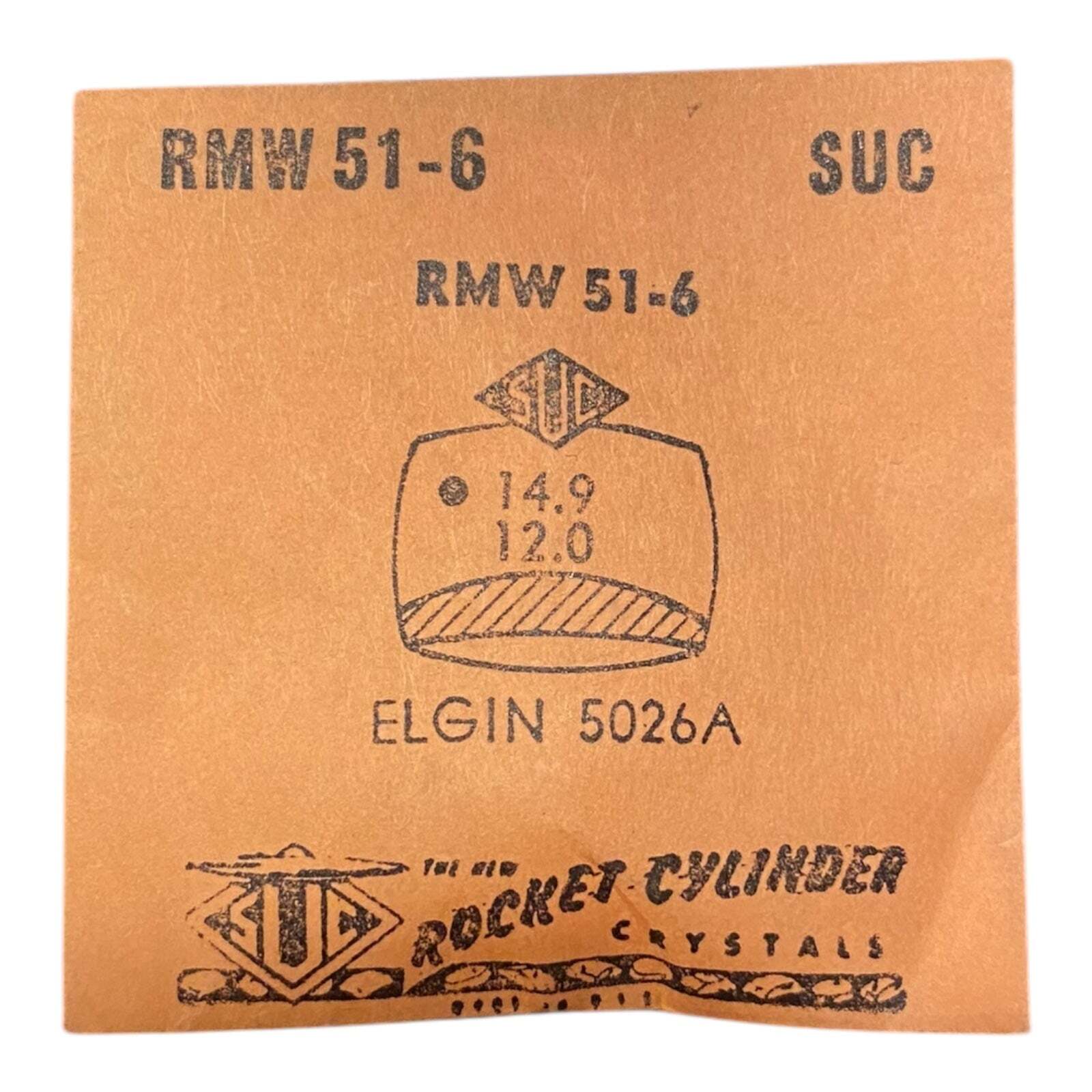 SUC RMW51-6 RMW 51-6 Watch Crystal 14.9×12.0 mm NOS Part Rocket Cylinder Elgin