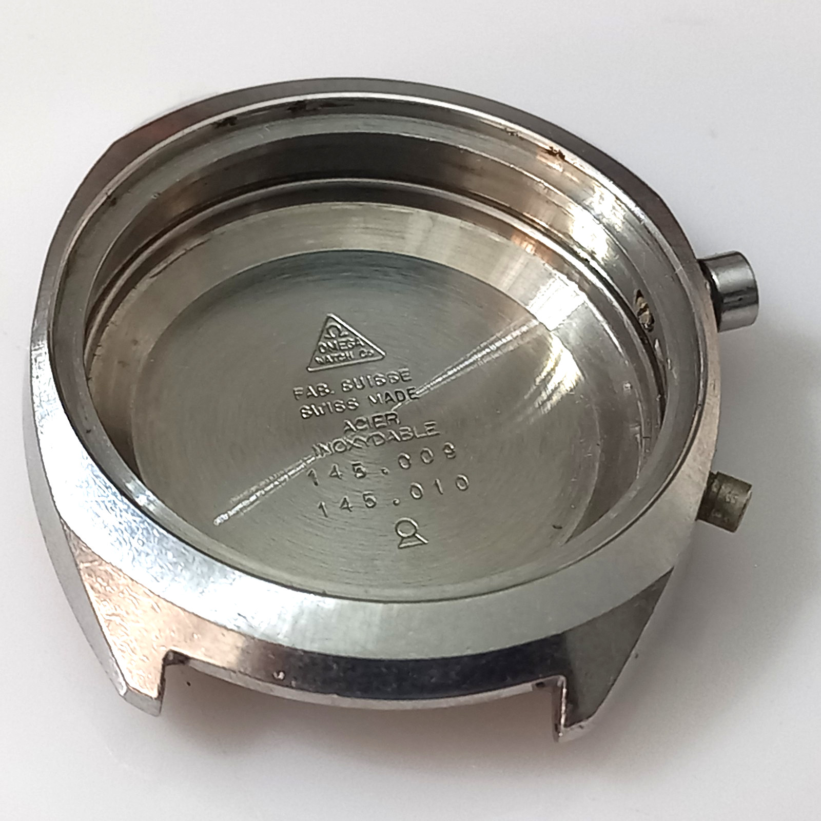 FOR PARTS OMEGA GENEVE CHRONOSTOP 145.009 UNPOLISHED S. STEEL CASE ( CASE ONLY )