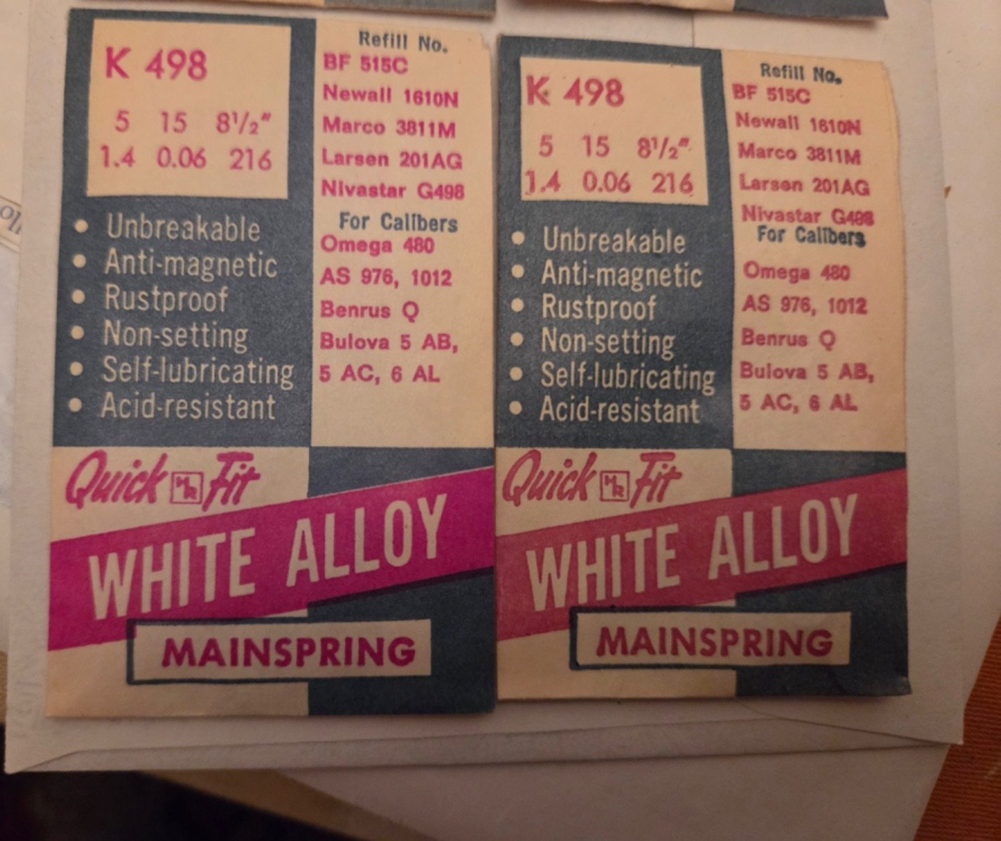 Two (2) main springs. Fits Omega 480, other calibres. NOS, see photo.