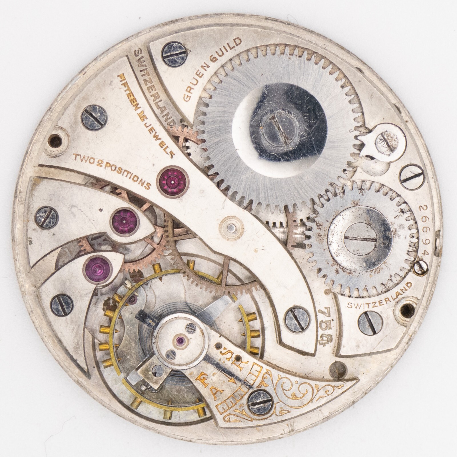 Gruen Semithin Caliber 754 15-Jewel 2-Adjustment Antique Pocket Watch Movement