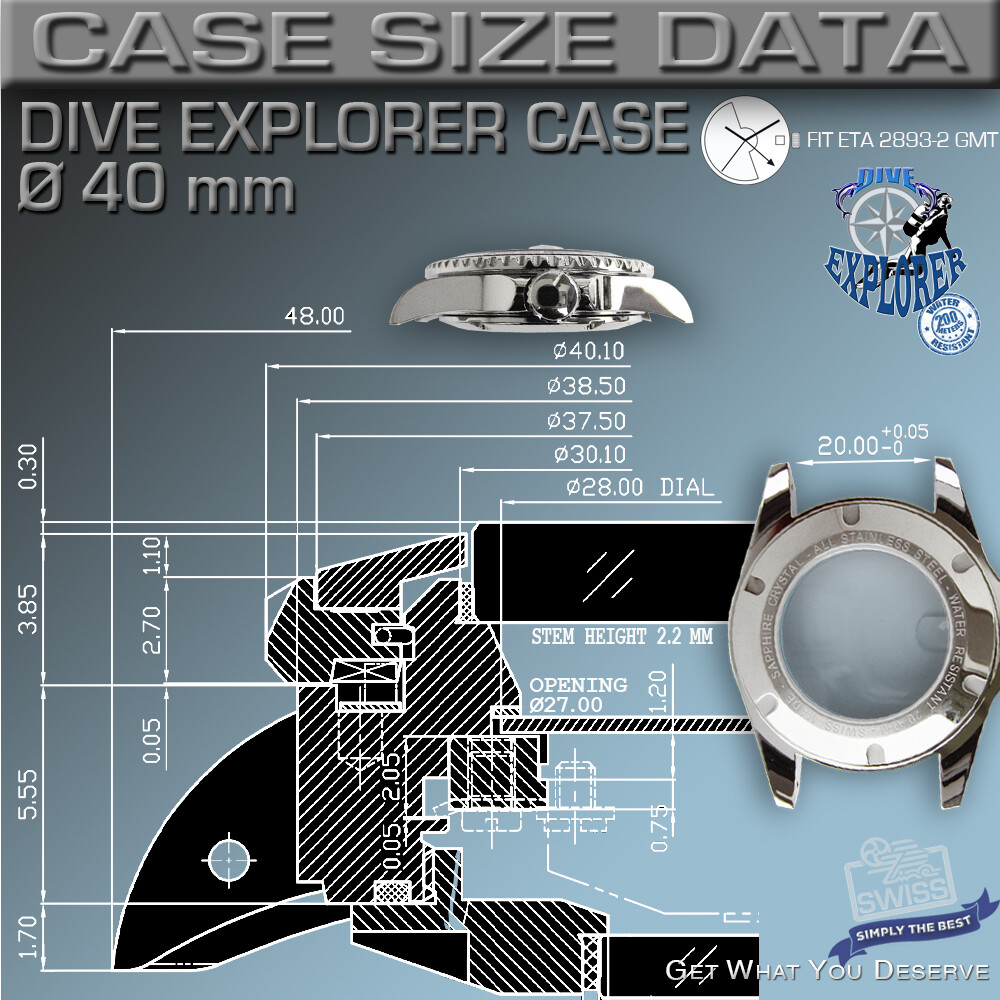 DO IT YOUR SELF KIT SUBMARINE DIVE EXPLORER fit ETA-2893-2 GMT, SW 330, Ø 40 MM