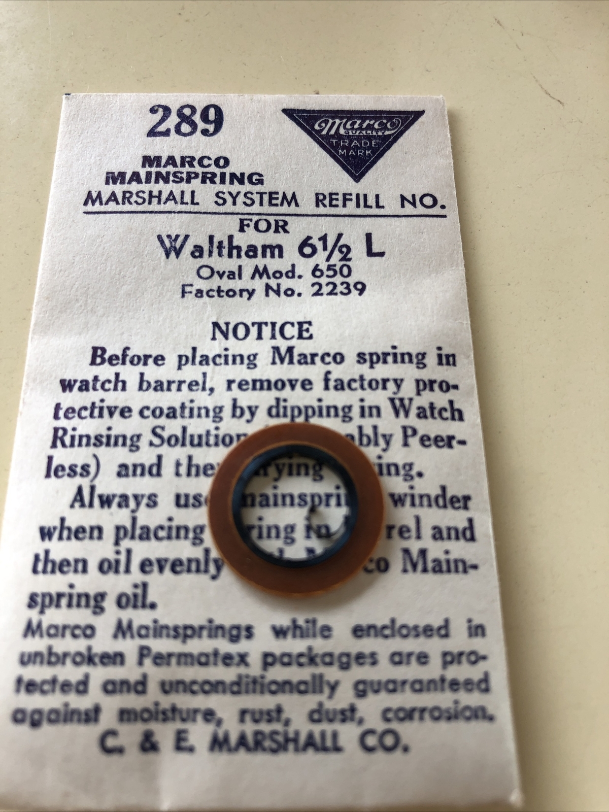 Waltham 6.5 L Mainspring New Unused Stock Free Postage.