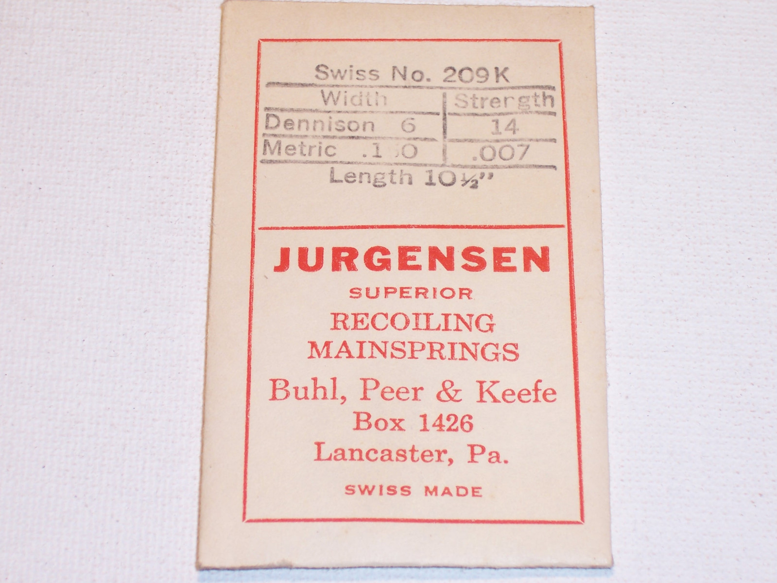 Jurgensen 209K Watch Mainspring Superior NOS Swiss Made FREE SHIPPING