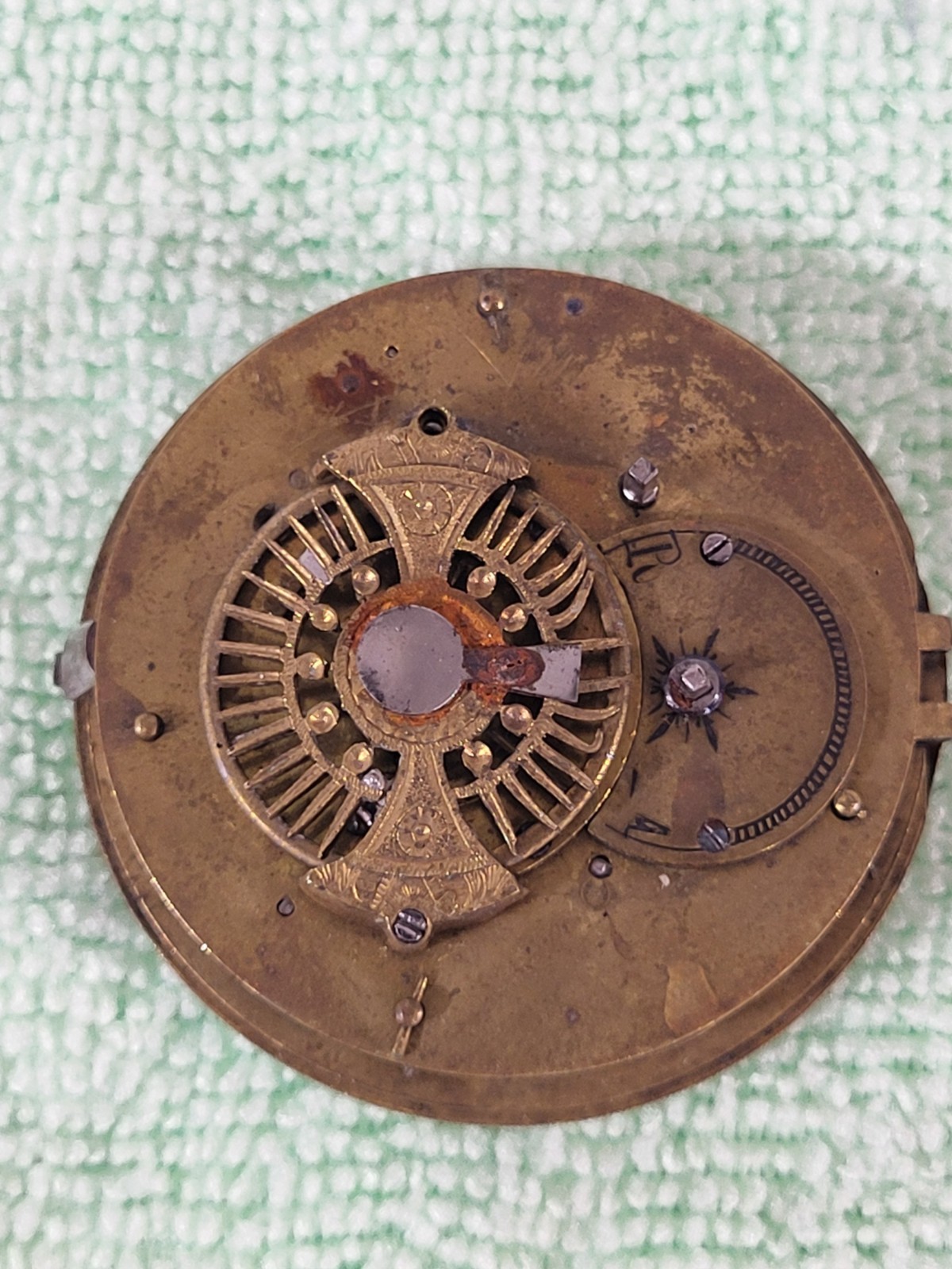 Antique 18thC Verge Fusee Pocket Watch Movement Porcelain Roman Dial