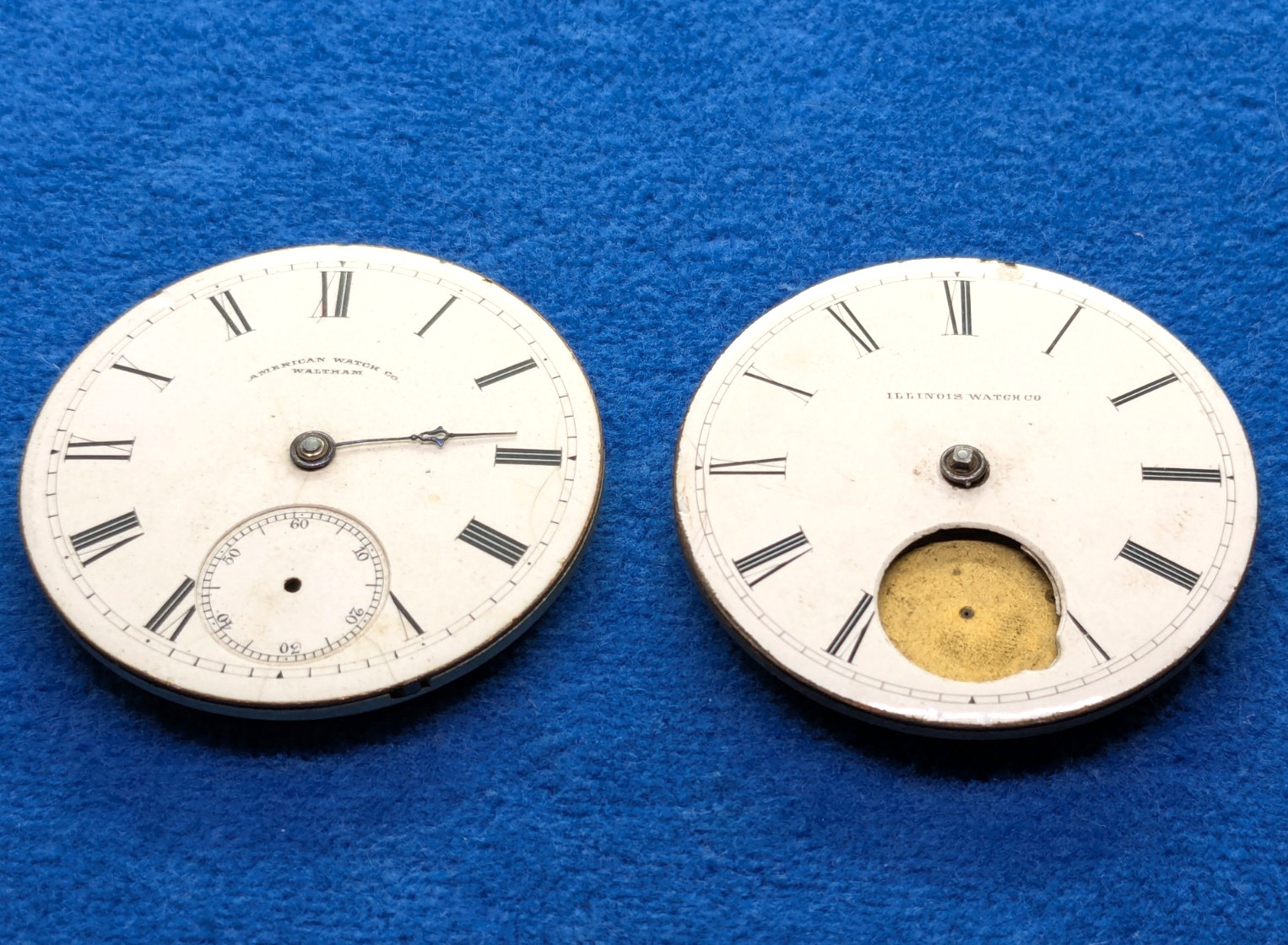 Lot of Two Vintage American Waltham & Illinois Watch Co Dials – Movements 45 mm