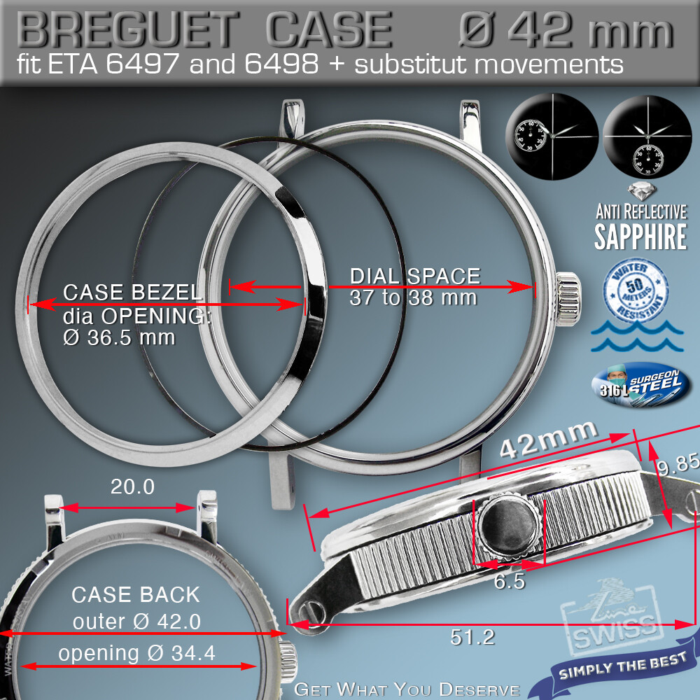 WATCH CASE BREGUET, 42 MM, ST.STEEL, SAPPHIRE C, MOVEM. ETA 6497, 6498, DB6, DB9