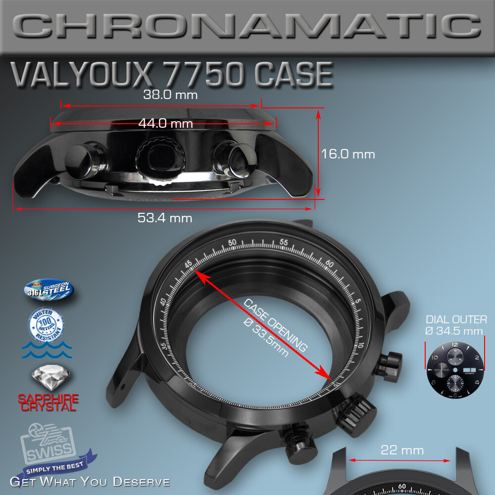 WATCH CASE CHRONOMATIC FOR MOVEMENT ETA VALJOUX 7750, ST-ST, BLACK PVD, 44 MM