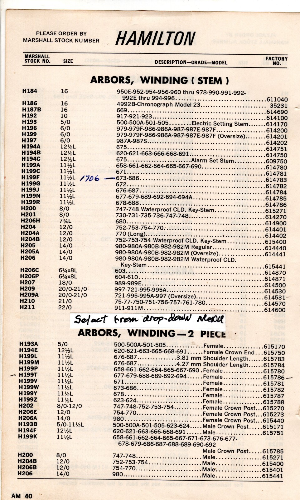 Hamilton Watch Stems for various models….See drop down list