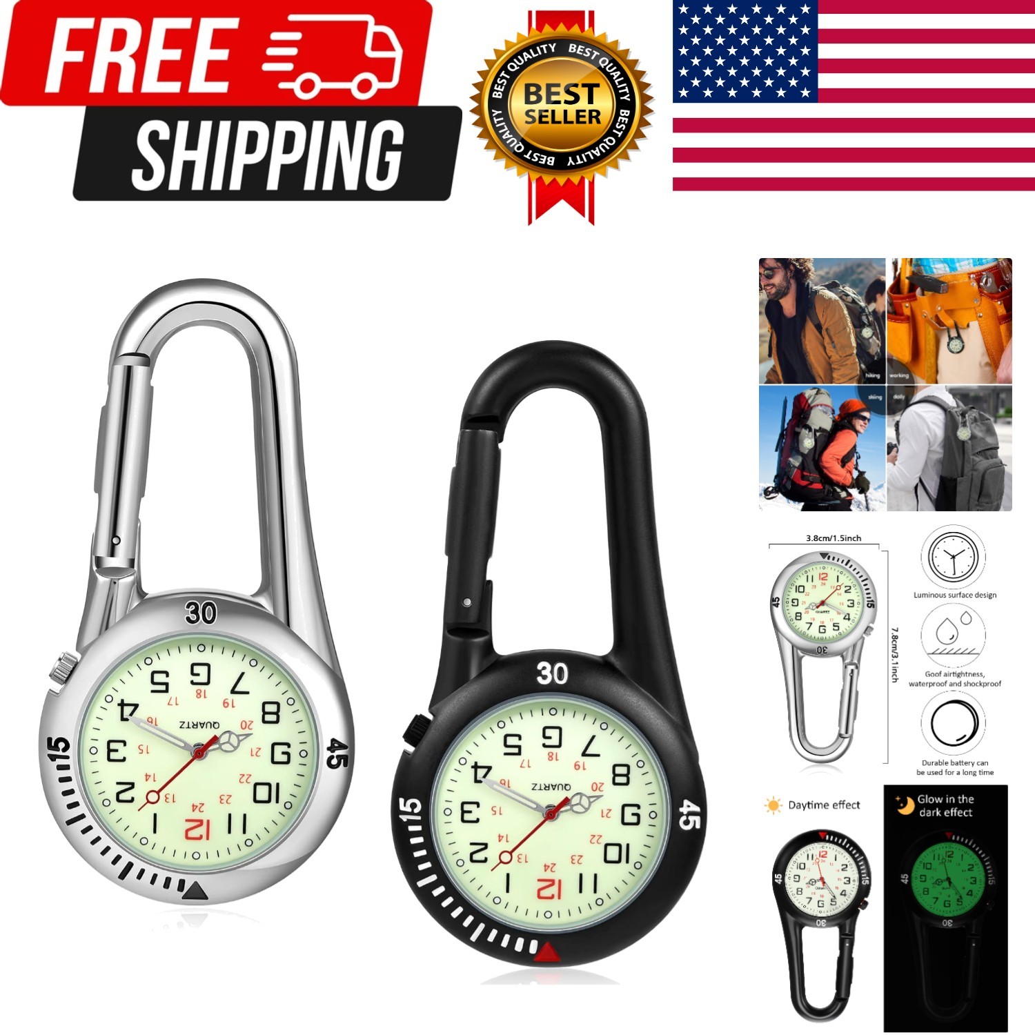 2 Pieces Clip on Quartz Watch Backpack Fob Belt Glow in The Dark Unisex Pocke…