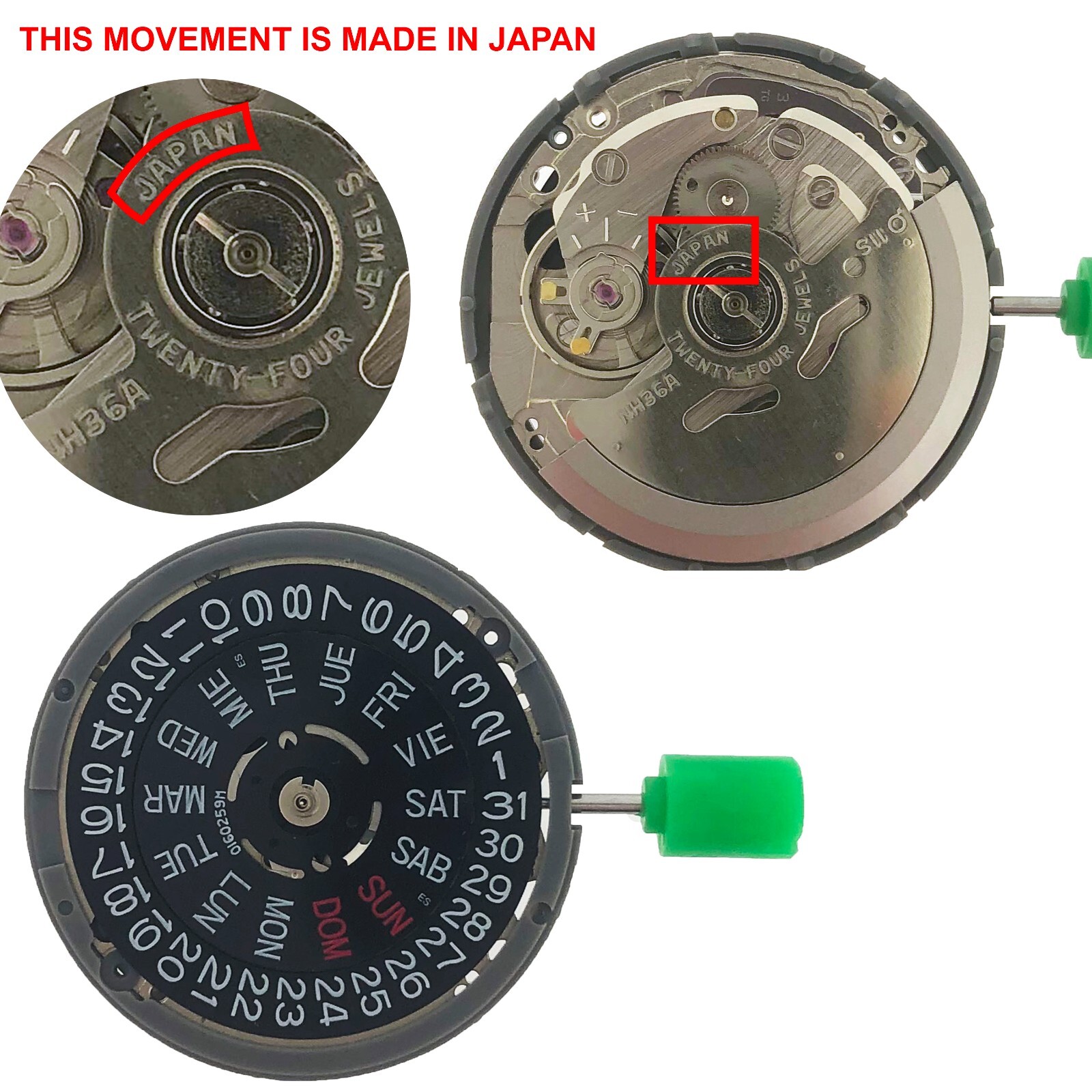 Seiko SII NH36 JAPAN movement BLACK Day Date @ 3 o’clock Crown@3 or 4 o’clock