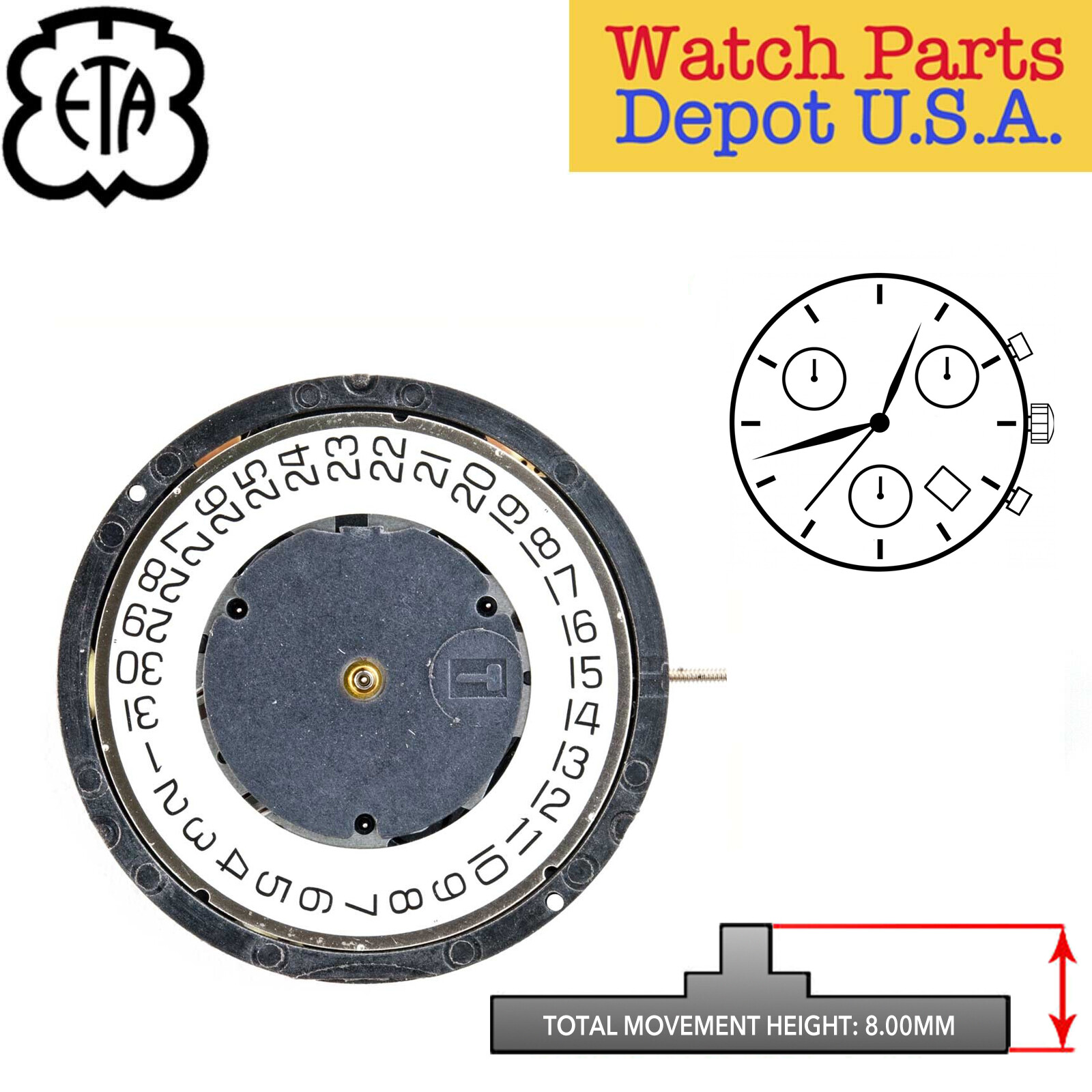 Genuine ETA G10.712 Swiss Made Quartz Movement, 3 Hands, Date at 4:30 NEW!