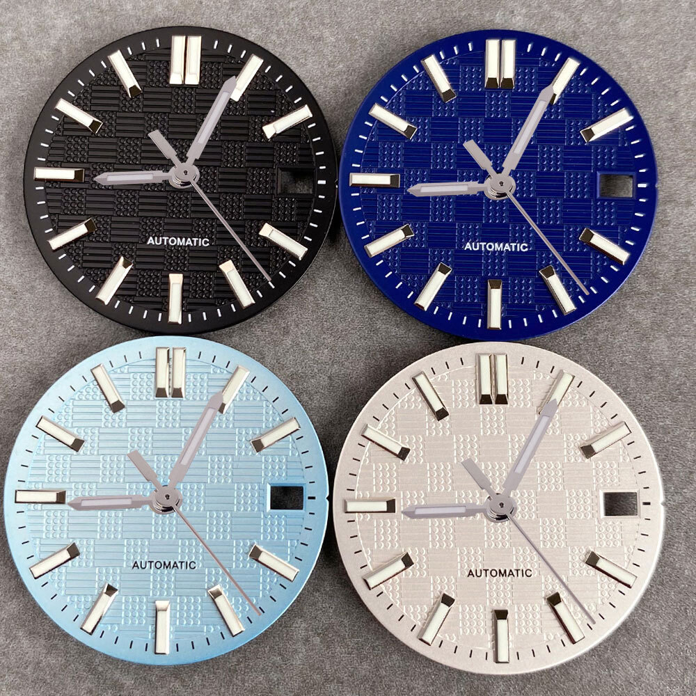 28.5mm Tandorio Black White Blue Texture Luminous Dial For NH35 NH36 Mens Watch