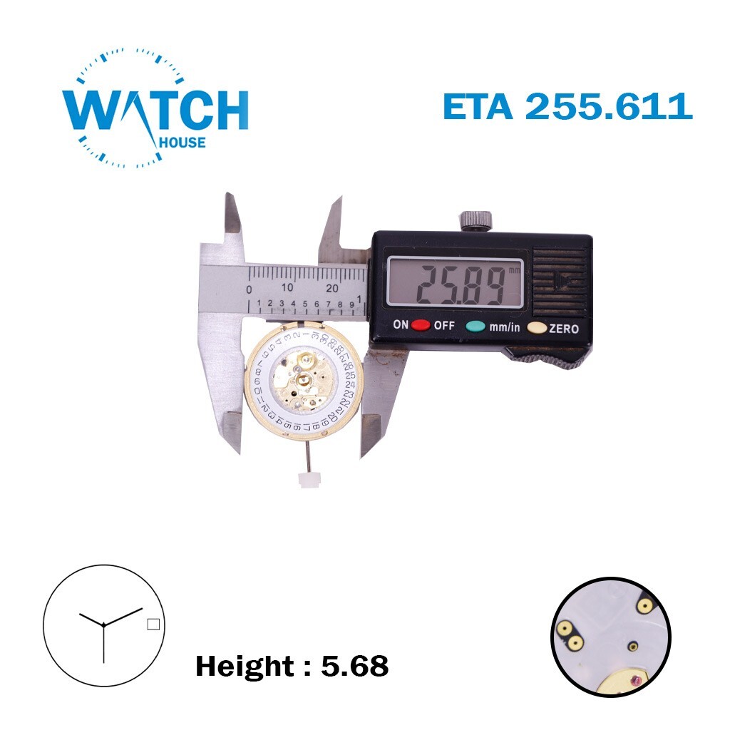 ETA 255.611 Swiss Made Quartz Movement, White Date Disk At 3, 3 Hands, Height 5.