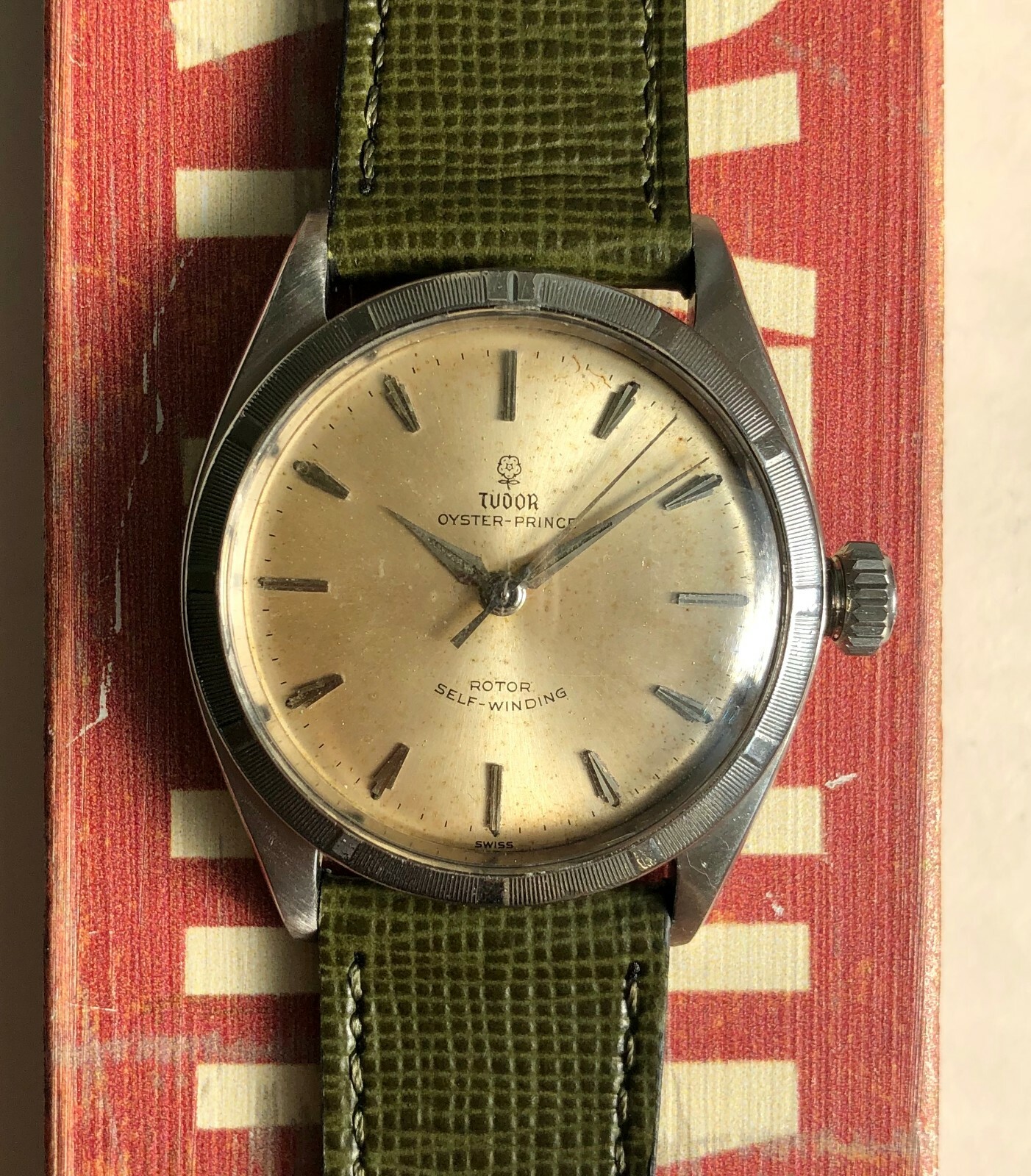 Vintage Tudor Oyster Prince 7965 Automatic Silver Rose Dial 18K Gold Bezel Watch
