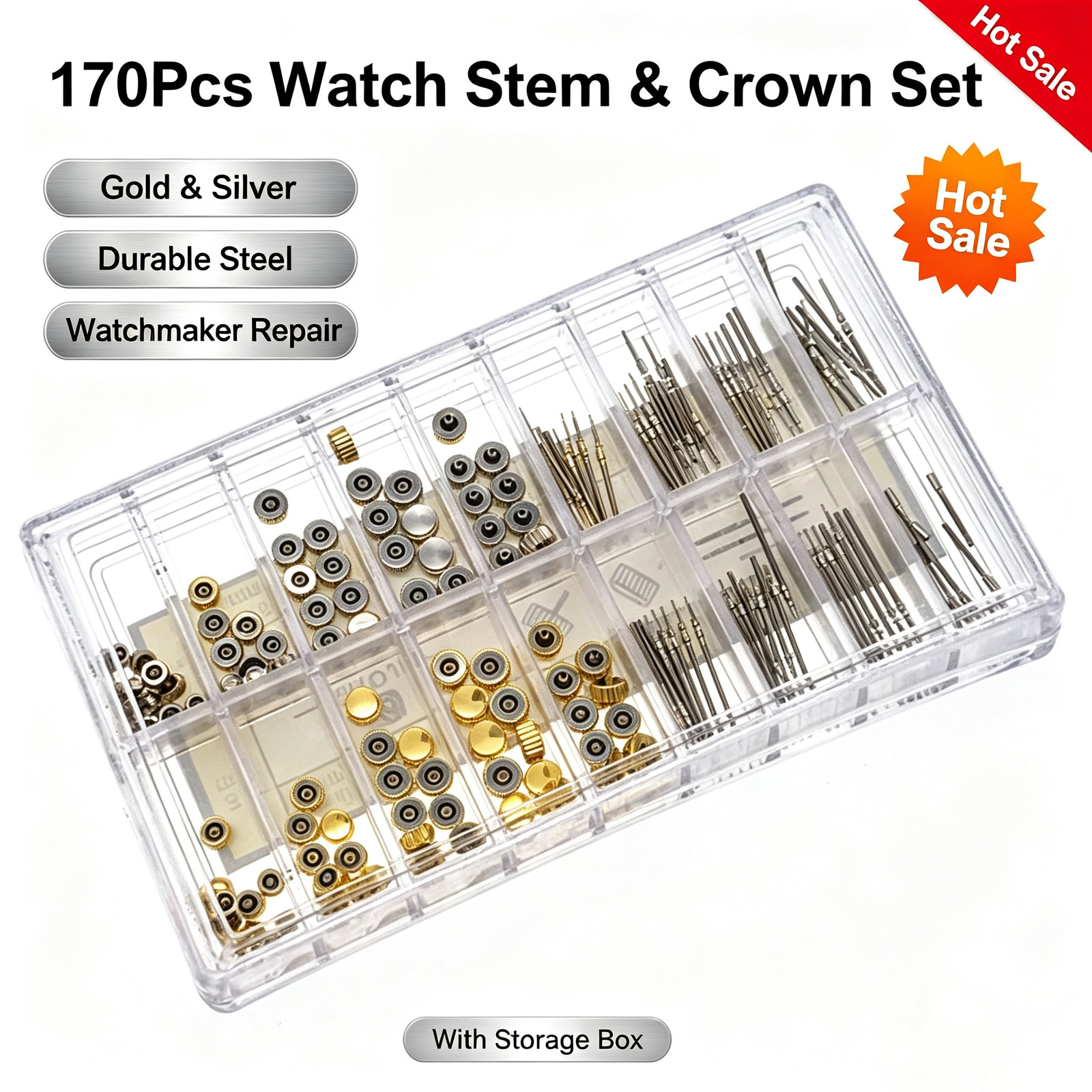Mixed Gold Silver Watch Crown Stem Repair Parts Kit Watchmaker Replacement