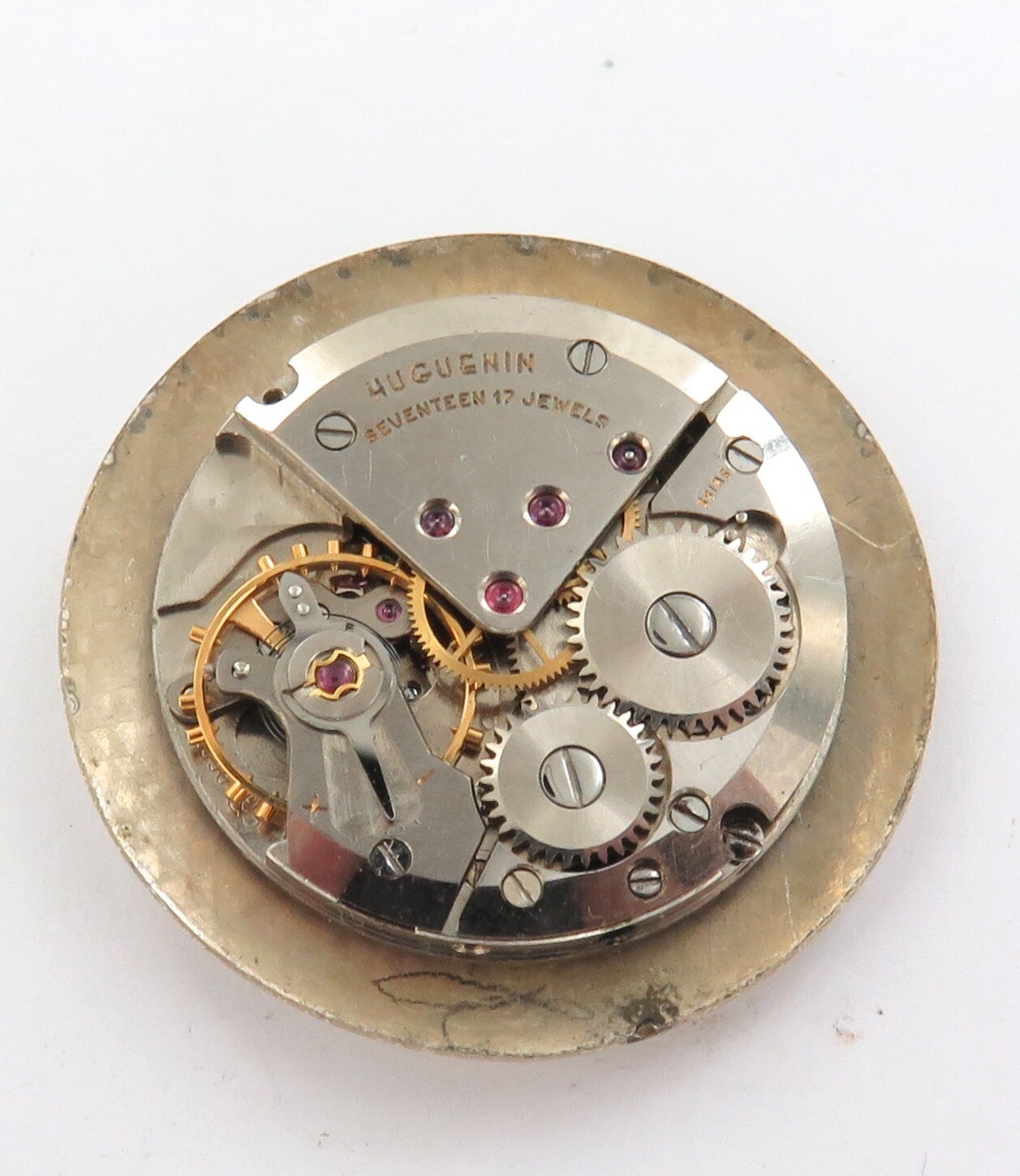 .VINTAGE HUGUENIN 17J CAL. 2390 MENS WATCH MOVEMENT & DIAL.