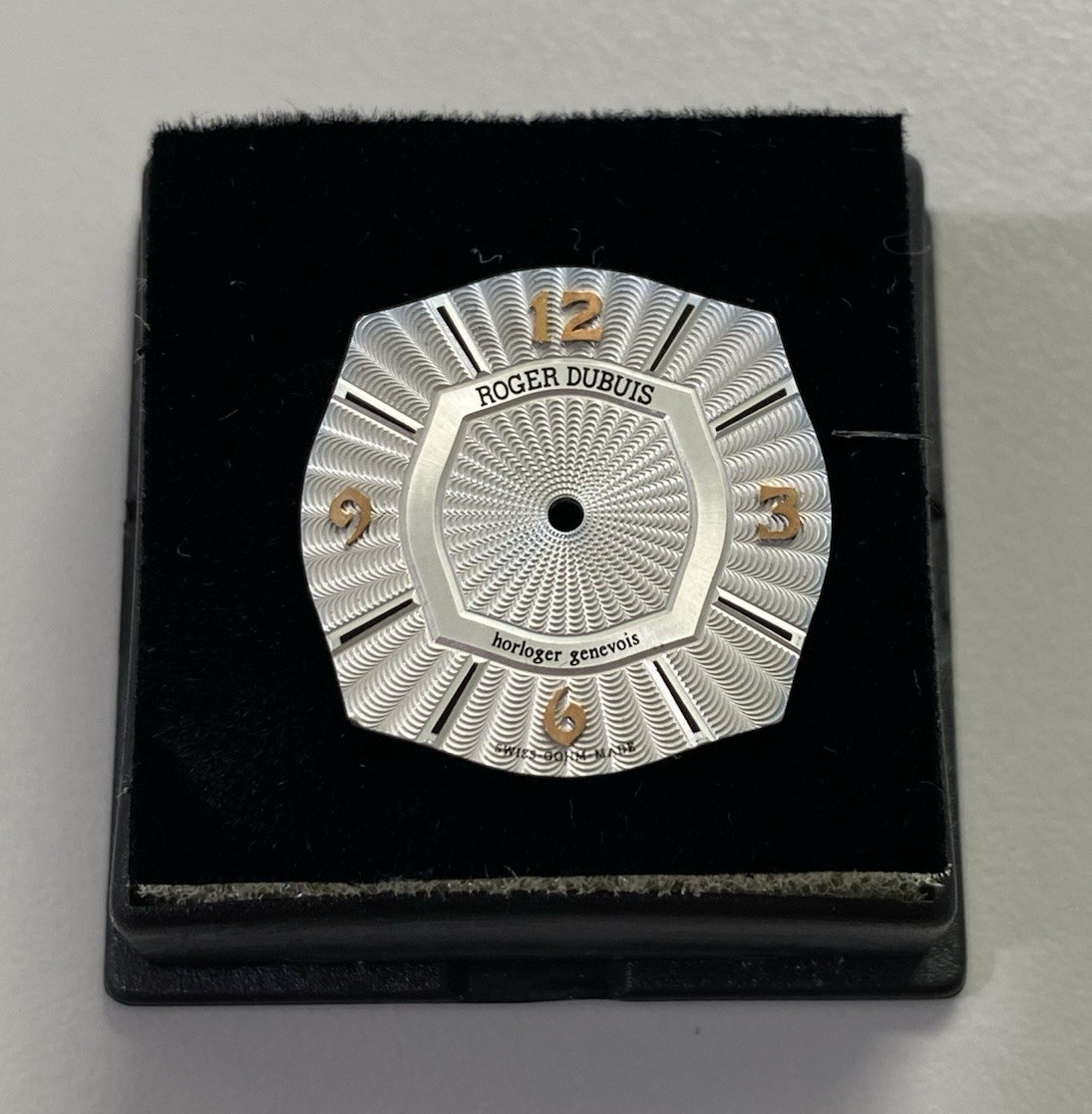 Roger Dubuis silver guilloche watch dial face gold Arabic numerals, silver/gold