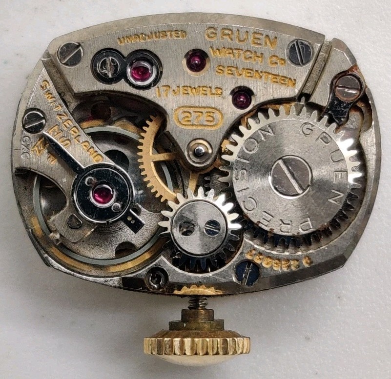 Rare Gruen W. Co. Cal. 275 17 jewel watch movement running Stuck In Set Position
