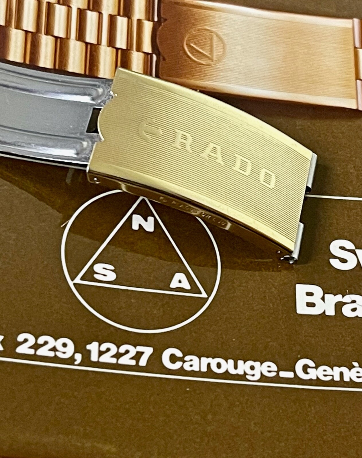 Vintage 3-row Rado NSA watch bracelet complete NOS clasp yellow gold plate Swiss