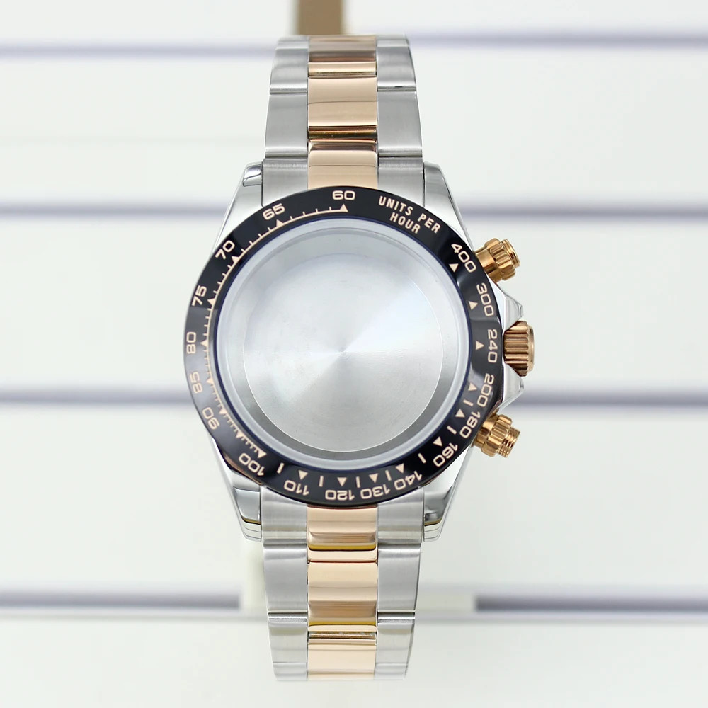 39mm Watch Case Strap Sapphire Glass Fixed ceramic ring For Seiko VK63 Movement