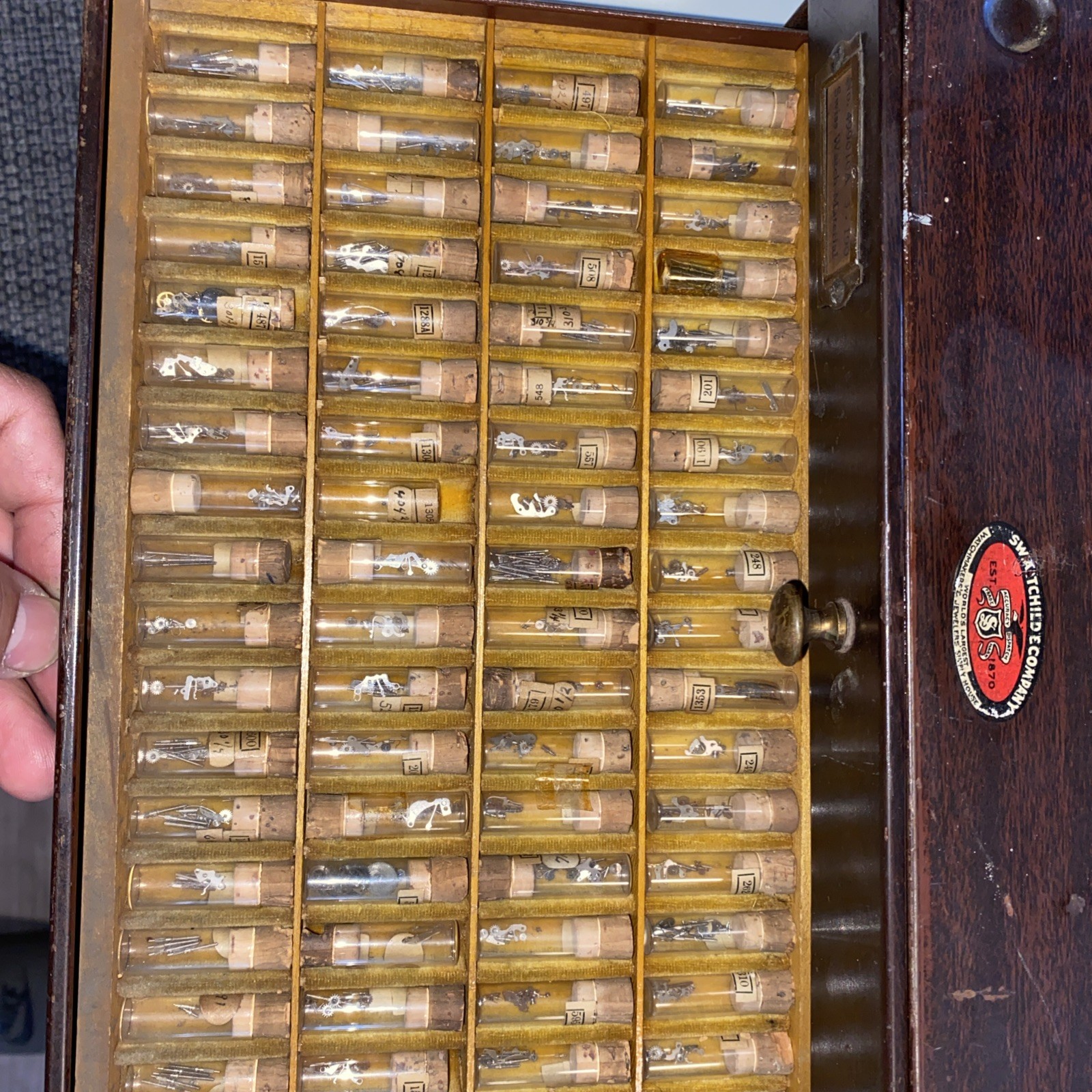 VTG SWARTCHILD & CO BOX CASE WATCHMAKER REPAIR WATCH ASSORTED PARTS GLASS VIALS
