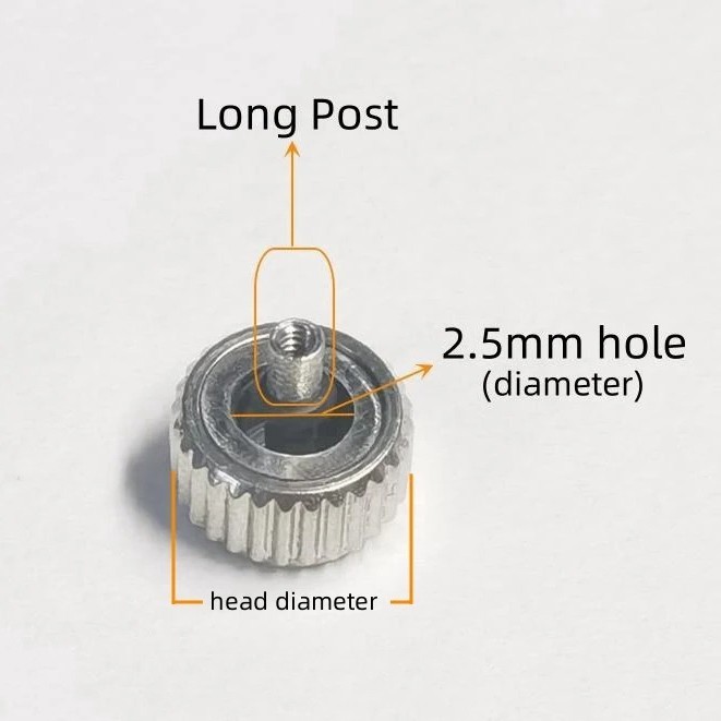 Silver Long Tube Replacement Watch Crown 2.5mm Hole Diameter 4.5mm – 7mm Head
