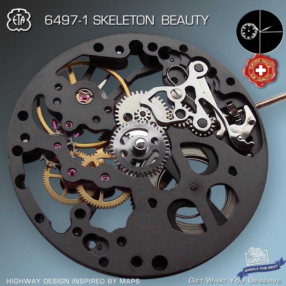 MOVEMENT ETA UNITAS 6497-1, “HIGHWAY” SKELETON BEAUTY, BLACK, SWISS