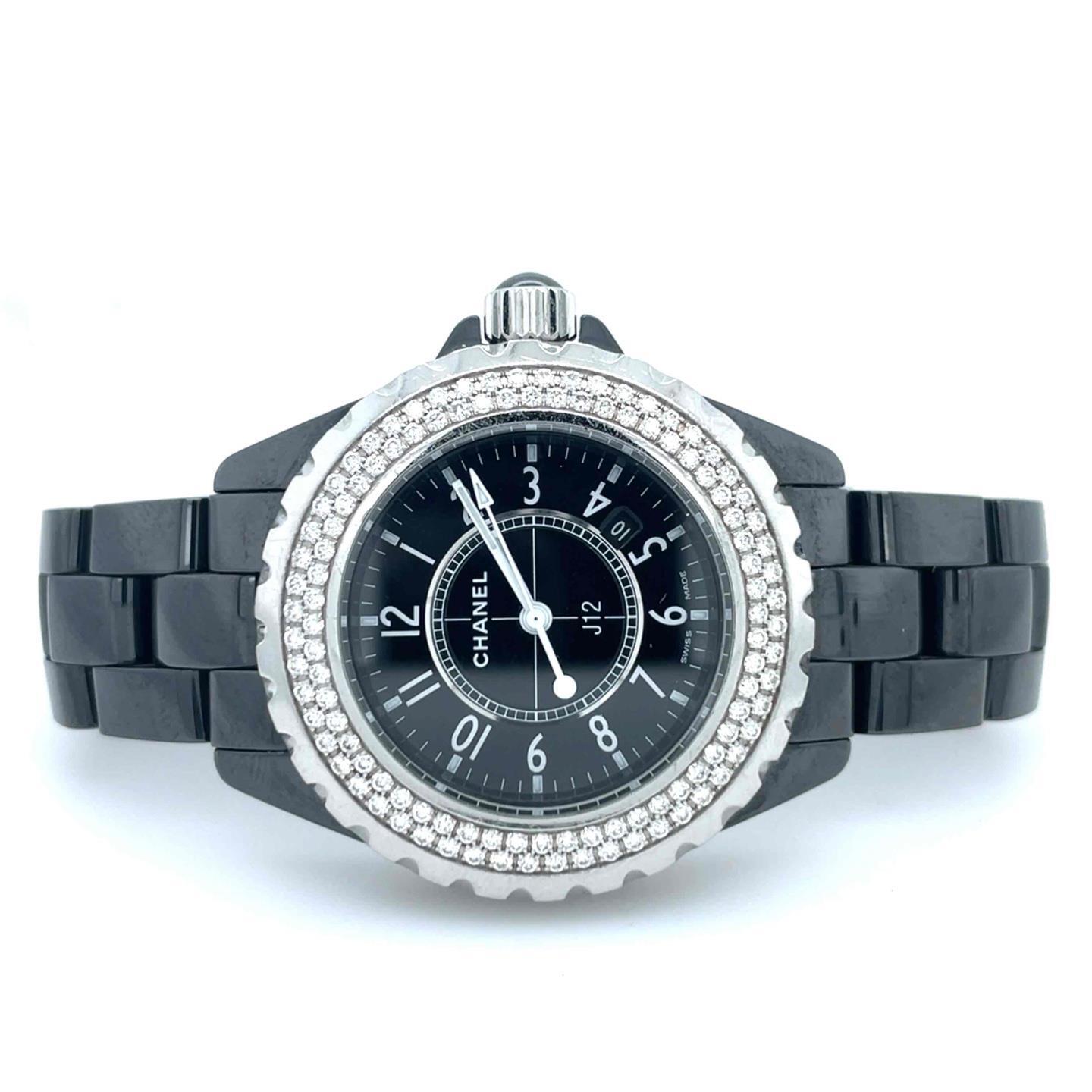 Chanel J12 Quartz 33mm Ceramic Factory Diamond Bezel Black Dial Ladies H0949
