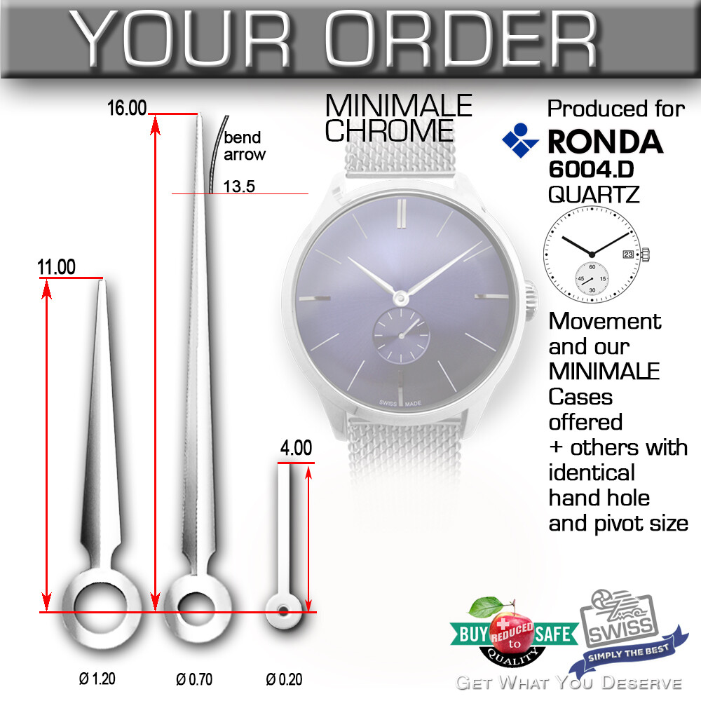 HANDS SET FOR MOVEMENT RONDA 6004. – MINIMALE bend, CHROME, GUN, GOLD, ROSE GOLD